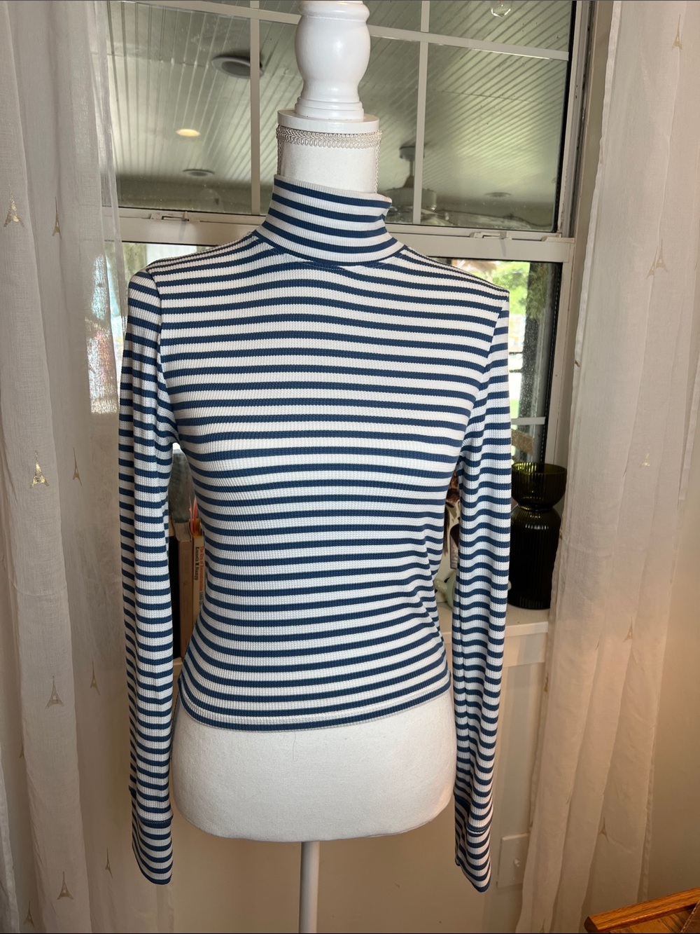 American Eagle Outfitters Blue & White Striped Mock Neck Long Sleeve size medium